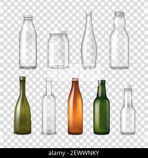 Empty different shapes and colors glass bottles for various applications transparent set realistic vector illustration Stock Vector