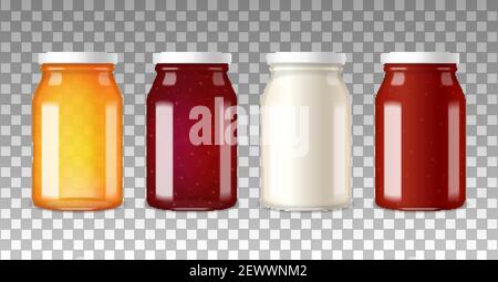 Colorful wide neck glass bottles with white screw caps on transparent background realistic vector illustration Stock Vector