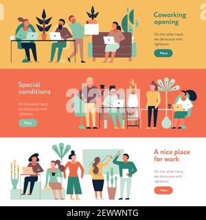 Coworking people horizontal banners set with special conditions symbols flat isolated vector illustration Stock Vector