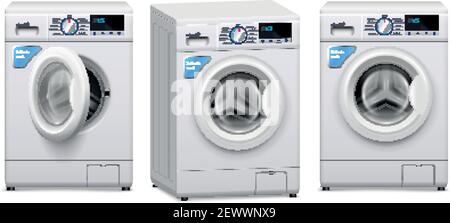 Realistic set of three washing machines with open and closed front door isolated on white background vector illustration Stock Vector