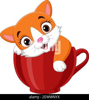 Cartoon cute kitten sitting in red cup Stock Vector
