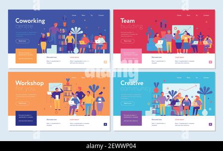 Coworking  horizontal banners set with team and workshop symbols flat isolated vector illustration Stock Vector