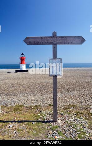 point of ayre lighthouse, beach and road sign isle of man Stock Photo