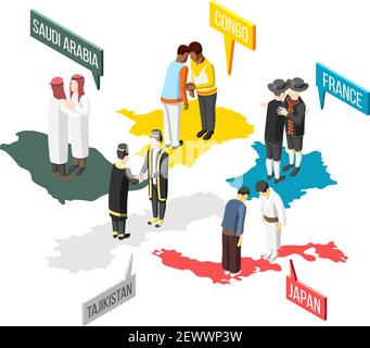 Greetings of people from saudi arabia congo france japan and tajikistan isometric composition 3d vector illustration Stock Vector