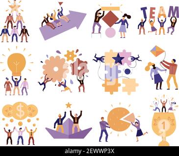 Effective teamwork in workplace 12 cartoon compositions of successful team members cooperation trust goals commitment vector illustration Stock Vector