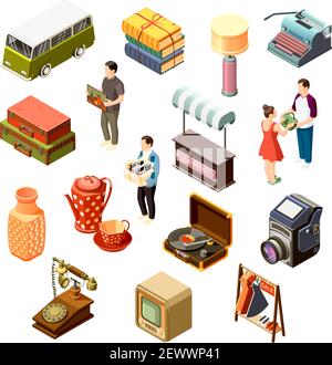 Isometric set of icons with various goods from flea market and customers isolated on white background 3d vector illustration Stock Vector