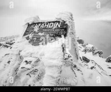 katahdin summit sign covered in snow in winter, Appalachian Trail. Stock Photo