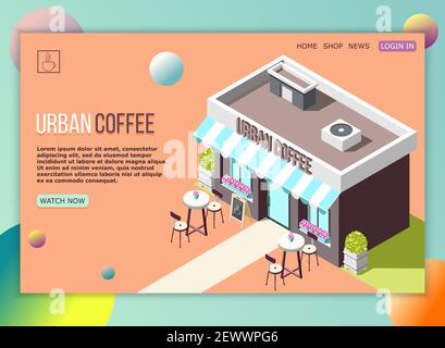 Isometric landing page with street coffee cafe exterior and text field 3d vector illustration Stock Vector