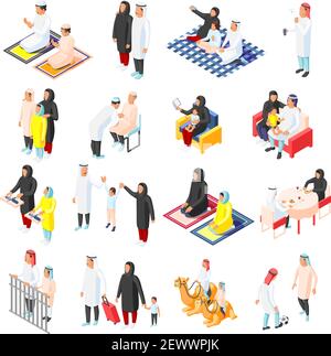 Isometric icons set with arabic families and their children in different situations isolated on white background 3d vector illustration Stock Vector
