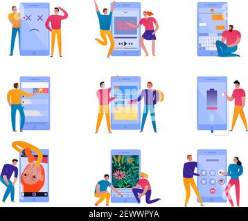 Colorful flat set with phone interaction and technical support icons isolated on white background vector illustration Stock Vector