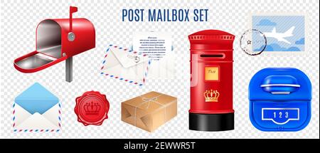Set of realistic postage elements mail boxes letter and parcel isolated on transparent background vector illustration Stock Vector