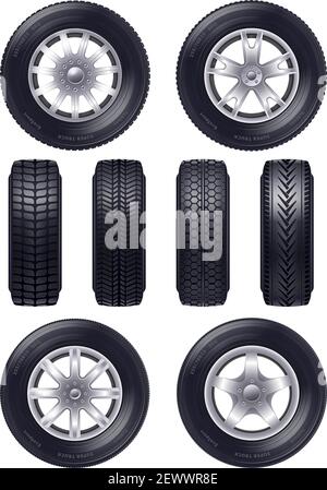 Set of realistic car wheels with various design of rim profile and front view isolated vector illustration Stock Vector
