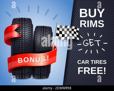 Realistic car tires as present to buying rims ad poster with racing flag vector illustration Stock Vector