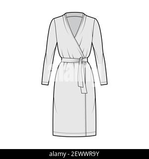 Wrap dress technical fashion illustration with deep V-neck, long sleeves, oversized, knee length, pencil cut, tie. Flat apparel template front, grey color style. Women, men unisex CAD mockup Stock Vector