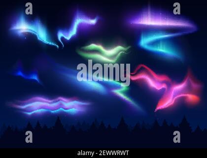 Northern lights realistic set of polar phenomenon with different shapes and colors vector illustration Stock Vector
