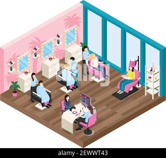 Beauty salon isometric composition with staff and customers hair dressing and manicure services vector illustration Stock Vector