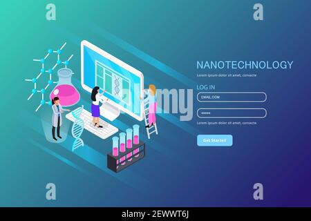 Nano technology isometric composition for web page with user account on blue gradient background vector illustration Stock Vector