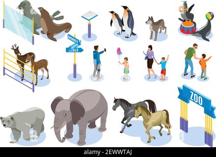 Contact zoo isometric icons collection of animals human characters of adult people and children with shadows vector illustration Stock Vector