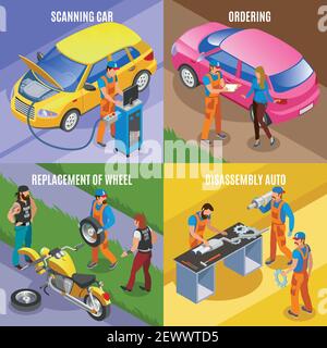 Auto service concept icons set with replacement of wheel symbols isometric isolated vector illustration Stock Vector
