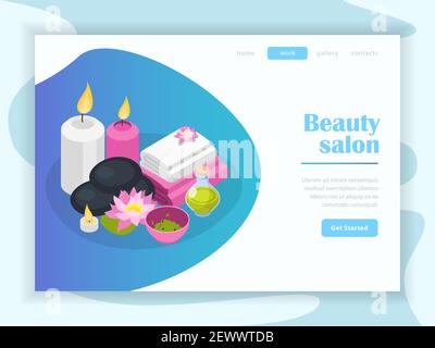 Accessories of beauty salon isometric landing page of internet site with buttons menu vector illustration Stock Vector