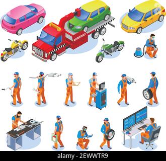 Auto service icons set with truck and motorbike service symbols isometric isolated vector illustration Stock Vector