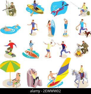 Outdoor activities icons set with sports and recreation symbols isometric isolated vector illustration Stock Vector