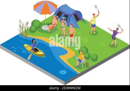Outdoor activities composition with camping and recreation symbols isometric vector illustration Stock Vector