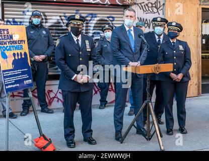 Police Commissioner Dermot Shea press conference to combat graffiti and improve quality of life on Orchard Street. Initiative to combat graffiti is designed to improve quality of life and to lower crimes in the city. Graffiti causes substantial financial costs to homeowners and merchants and public institutions and facilities. Graffiti is often related to drug and gang violence. There were more than 6,000 complaints in calendar 2020 about property damaged by graffiti. (Photo by Lev Radin/Pacific Press) Stock Photo