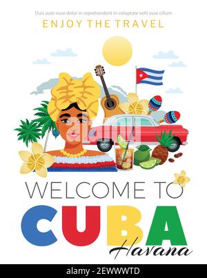 Cubaand Havana travel poster with people and cuisine symbols flat vector illustration Stock Vector