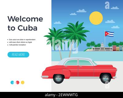 Cuba travel poster with resort and holiday symbols flat vector illustration Stock Vector