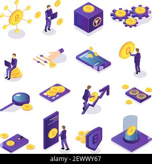 Isometric set of colorful cryptocurrency icons with people safe bitcoins card and electronic devices isolated on white background 3d vector illustrati Stock Vector