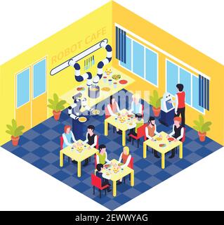 Robot automation composition with view of robotized cafe interior with people at tables served by robots vector illustration Stock Vector