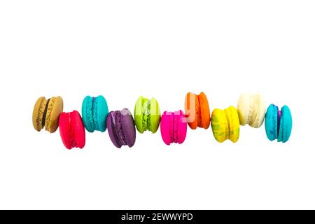 Sweet and colourful french macaroons or macaron  isolated on white background.Saved with clipping path. Stock Photo