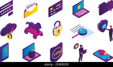 Hacking activity isometric icons set with hacker stealing information isolated on white background 3d vector illustration Stock Vector