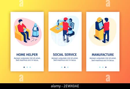 Robot automation vertical banners collection with images of robotic assistants and human characters with editable text vector illustration Stock Vector