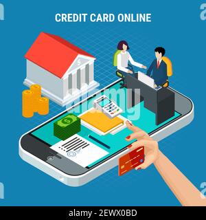 Loans isometric background composition with conceptual images of smartphone and payment icons with bank and people vector illustration Stock Vector