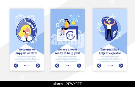 Support call centre vertical banners collection with gear icons human characters and editable text with buttons vector illustration Stock Vector