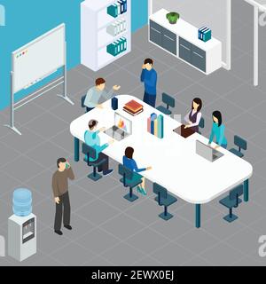 Office staff during work meeting at big table in conference room isometric composition vector illustration Stock Vector