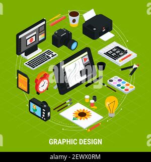 Isometric tools for graphic design with computer tablet paints camera printer on green background 3d vector illustration Stock Vector