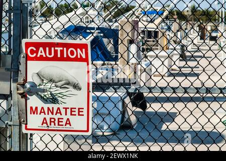Manatee Caution sign at Black Point Park Marina on Biscayne Bay in Miami,Florida. Stock Photo