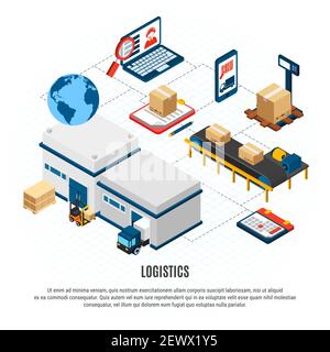Online delivery service logistics isometric flowchart with freight vehicles and warehouse building 3d isometric vector illustration Stock Vector