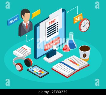 Various tools and objects for online education at home isometric concept 3d vector illustration Stock Vector