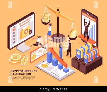 Colorful isometric cryptocurrency bitcoin growth concept 3d horizontal vector illustration Stock Vector