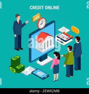 Loans isometric background composition with human characters of bank worker and clients with financial icons pictograms vector illustration Stock Vector