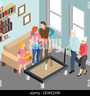 Elderly couple during family visit to children and grand daughter in home interior isometric vector illustration Stock Vector