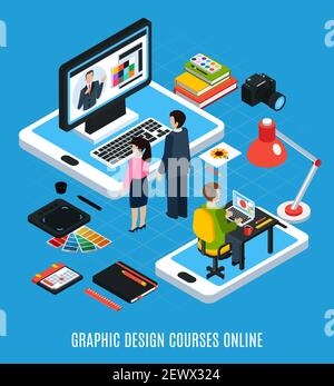 Online graphic design courses isometric concept with students computer tablet swatches books 3d vector illustration Stock Vector