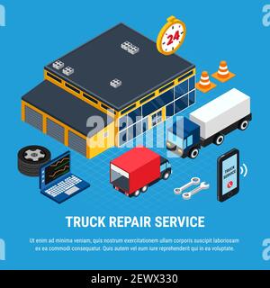 Truck repair service isometric concept with diagnostics symbols vector illustration Stock Vector