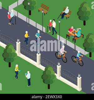 Leisure activity of pensioners at outdoor sport board game with friends walking in park isometric vector illustration Stock Vector