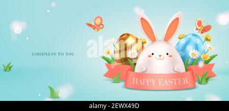 3d Easter egg hunt background. Cute white rabbit hiding behind a pink ribbon with grass and painted eggs. Stock Vector