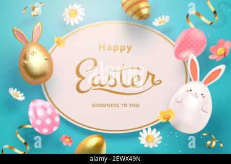 3d Easter egg greeting card template. Top view of holiday objects including painted eggs, rabbit toys and flowers. Stock Vector